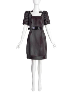 Chanel Vintage AW 2007 Black White Red Pinstripe Wool Bow Wiggle Dress with Belt