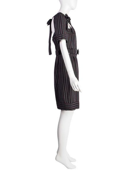 Chanel Vintage AW 2007 Black White Red Pinstripe Wool Bow Wiggle Dress with Belt