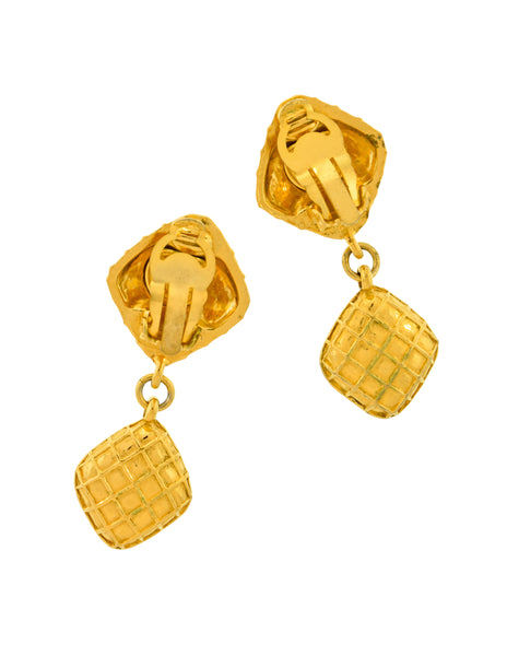 Chanel Vintage 1980s Golden Quilted Effect Crystal Dangle Earrings