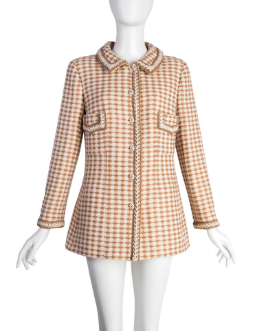Chanel Vintage AW 2000 Light Brown & Cream Houndstooth Tweed Longline Jacket