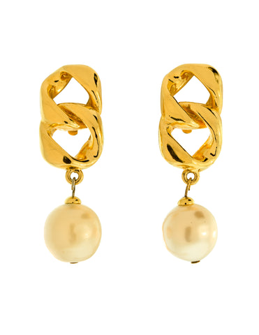 Chanel Vintage Collection 26 Gold Plated Chain and Pearl Dangling Earrings