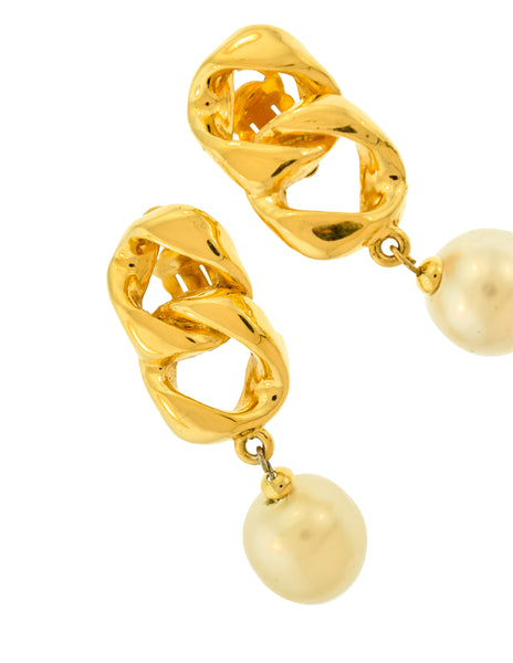 Chanel Vintage Collection 26 Gold Plated Chain and Pearl Dangling Earrings