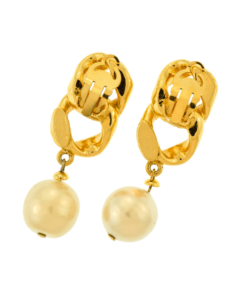 Chanel Vintage Collection 26 Gold Plated Chain and Pearl Dangling Earrings