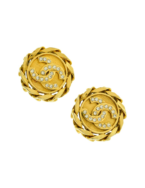 Chanel Vintage Collection 23 Exceptional Gold Plated Rhinestone CC Logo Chain Border Earrings