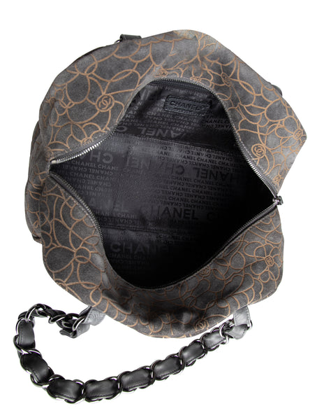 Chanel Vintage c. 2004-2005 Grey and Beige Logo Camellia Embossed Bowling Bag