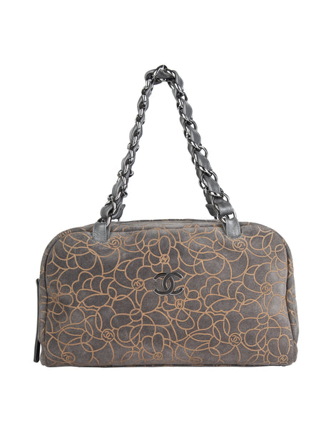 Chanel Vintage c. 2004-2005 Grey and Beige Logo Camellia Embossed Bowling Bag