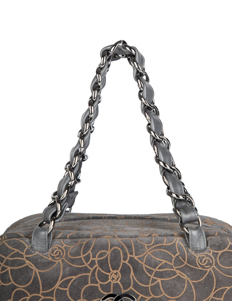 Chanel Vintage c. 2004-2005 Grey and Beige Logo Camellia Embossed Bowling Bag