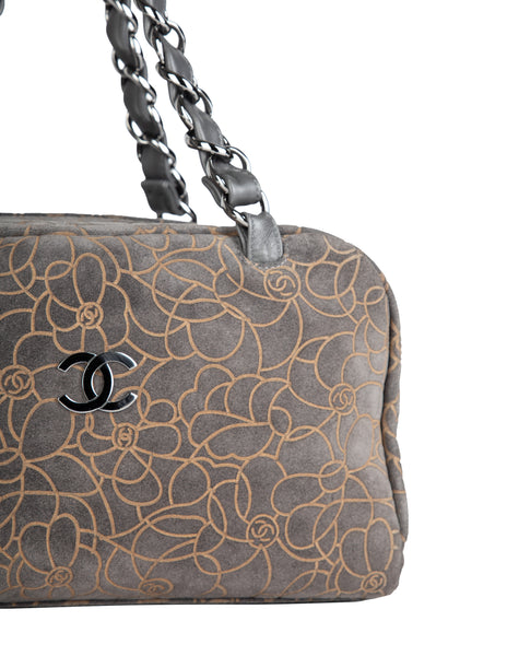 Chanel Vintage c. 2004-2005 Grey and Beige Logo Camellia Embossed Bowling Bag
