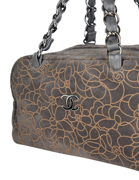 Chanel Vintage c. 2004-2005 Grey and Beige Logo Camellia Embossed Bowling Bag