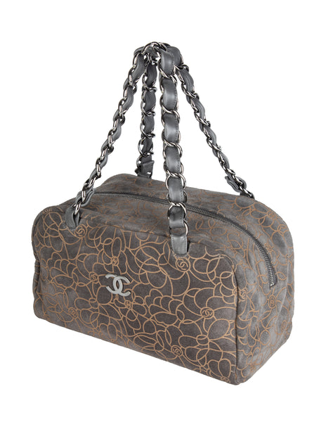 Chanel Vintage c. 2004-2005 Grey and Beige Logo Camellia Embossed Bowling Bag