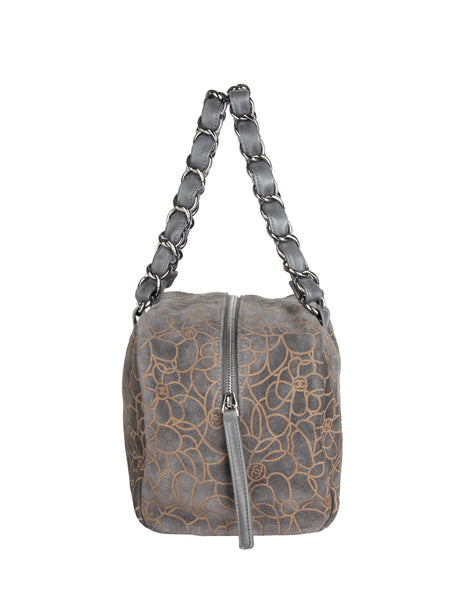 Chanel Vintage c. 2004-2005 Grey and Beige Logo Camellia Embossed Bowling Bag