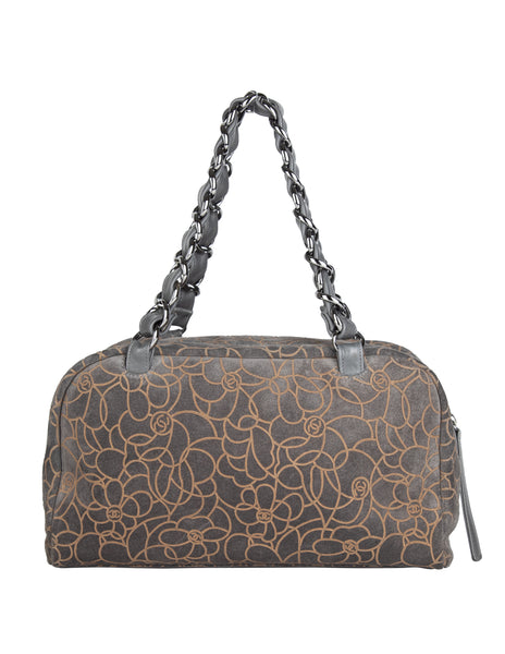 Chanel Vintage c. 2004-2005 Grey and Beige Logo Camellia Embossed Bowling Bag