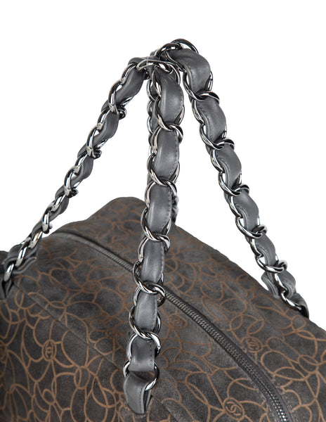 Chanel Vintage c. 2004-2005 Grey and Beige Logo Camellia Embossed Bowling Bag