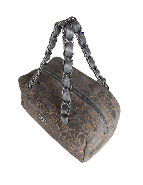 Chanel Vintage c. 2004-2005 Grey and Beige Logo Camellia Embossed Bowling Bag