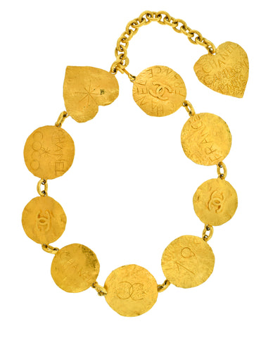 Chanel Vintage Cruise 1993 Iconic Gold Plated Etched Hammered CC Logo Oversized Medallion Necklace / Belt