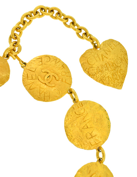 Chanel Vintage Cruise 1993 Iconic Gold Plated Etched Hammered CC Logo Oversized Medallion Necklace / Belt