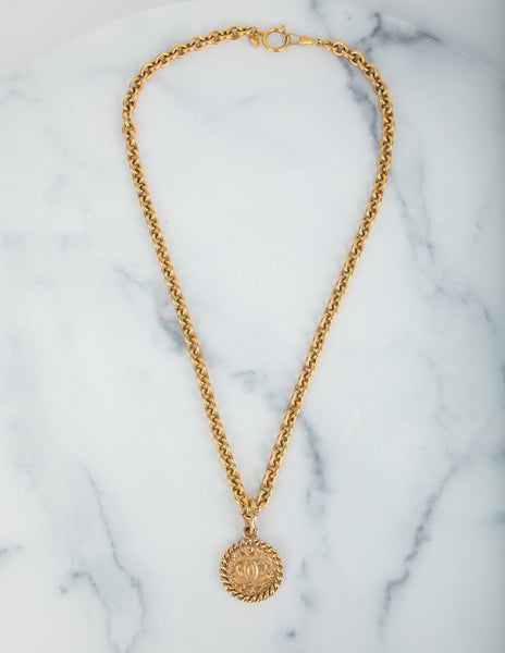 Chanel Vintage Gold Plated CC Logo Coin Medallion Necklace