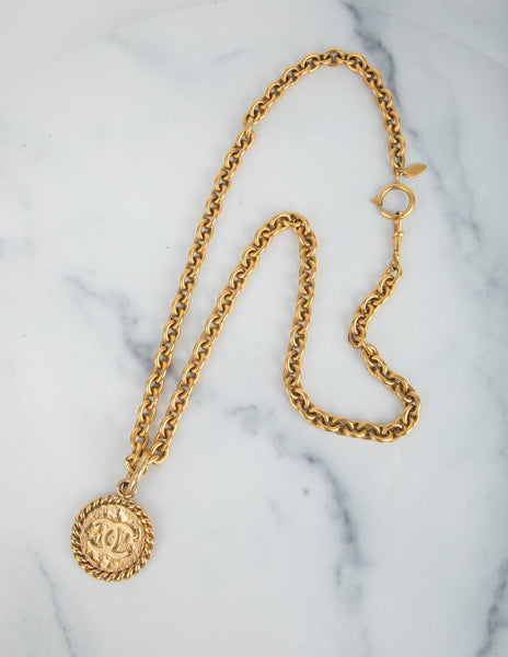 Chanel Vintage Gold Plated CC Logo Coin Medallion Necklace