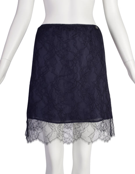 Chanel Vintage Navy Blue Silk and Lace Overlay Mini Skirt
