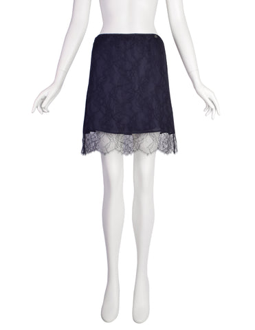 Chanel Vintage Navy Blue Silk and Lace Overlay Mini Skirt