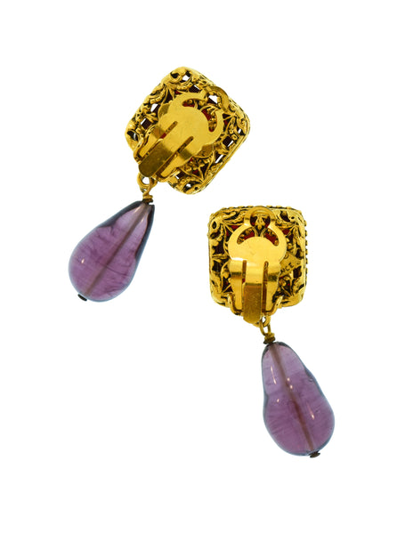 Chanel Vintage 1980s Collection 23 Golden Ornate Frame Bordeaux and Grape Gripoix Dangle Drop Earrings
