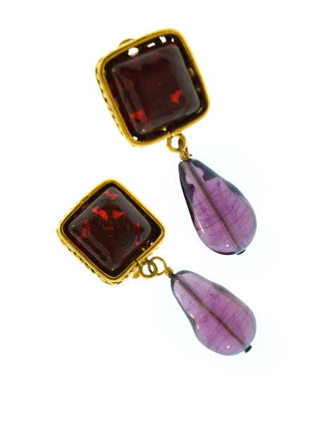 Chanel Vintage 1980s Collection 23 Golden Ornate Frame Bordeaux and Grape Gripoix Dangle Drop Earrings