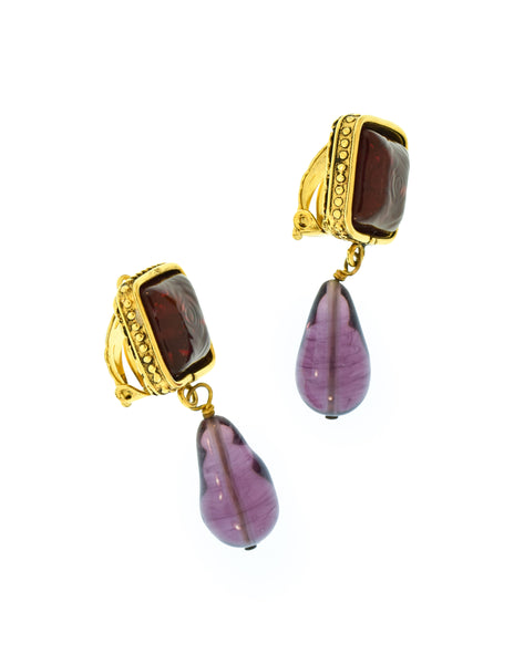 Chanel Vintage 1980s Collection 23 Golden Ornate Frame Bordeaux and Grape Gripoix Dangle Drop Earrings