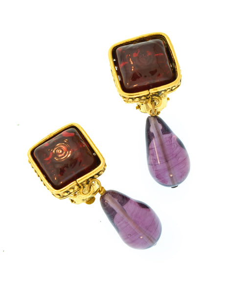 Chanel Vintage 1980s Collection 23 Golden Ornate Frame Bordeaux and Grape Gripoix Dangle Drop Earrings
