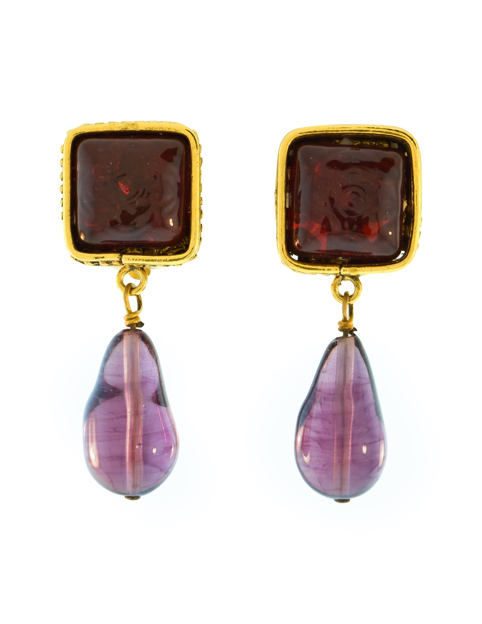 Chanel Vintage 1980s Collection 23 Golden Ornate Frame Bordeaux and Grape Gripoix Dangle Drop Earrings