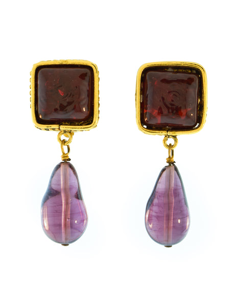 Chanel Vintage 1980s Collection 23 Golden Ornate Frame Bordeaux and Grape Gripoix Dangle Drop Earrings