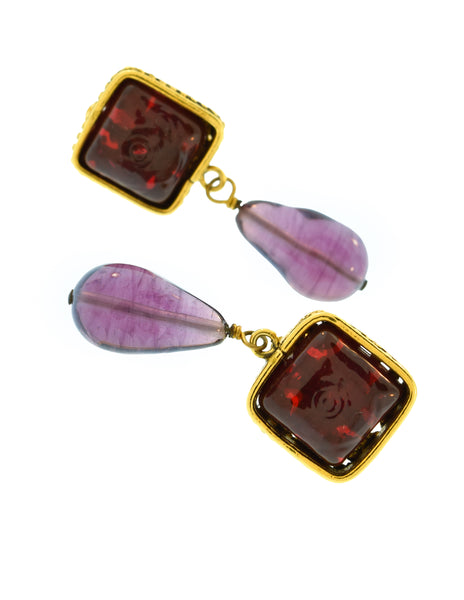 Chanel Vintage 1980s Collection 23 Golden Ornate Frame Bordeaux and Grape Gripoix Dangle Drop Earrings