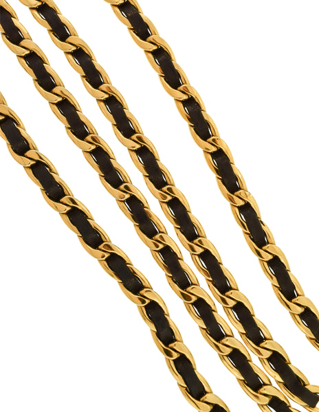 Chanel Vintage SS 1994 Iconic Black Leather Gold Chain Woven Triple Row Belt