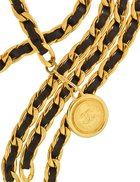 Chanel Vintage SS 1994 Iconic Black Leather Gold Chain Woven Triple Row Belt