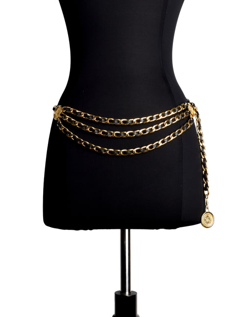 Chanel Charms Gold Tone Black Leather Classic Chain Necklace Belt