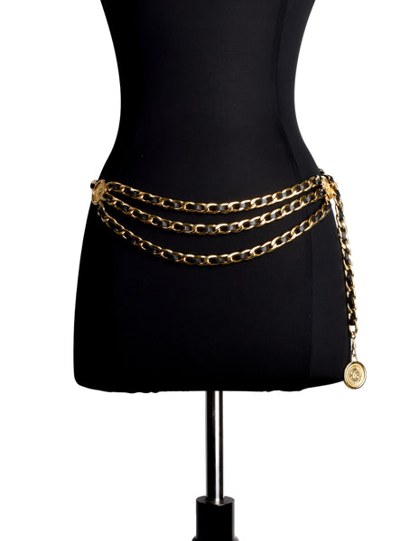 Chanel Vintage SS 1994 Iconic Black Leather Gold Chain Woven Triple Row Belt