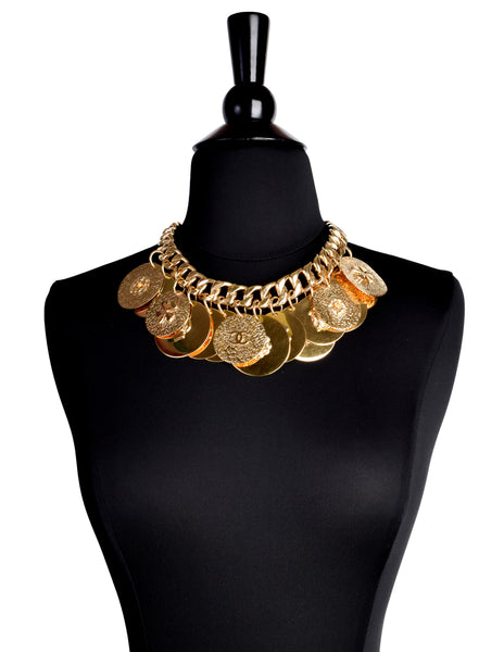 Chanel Vintage Gold Hammered CC Logo Flower Shamrock Cambon Large Multi Medallion Chain Necklace