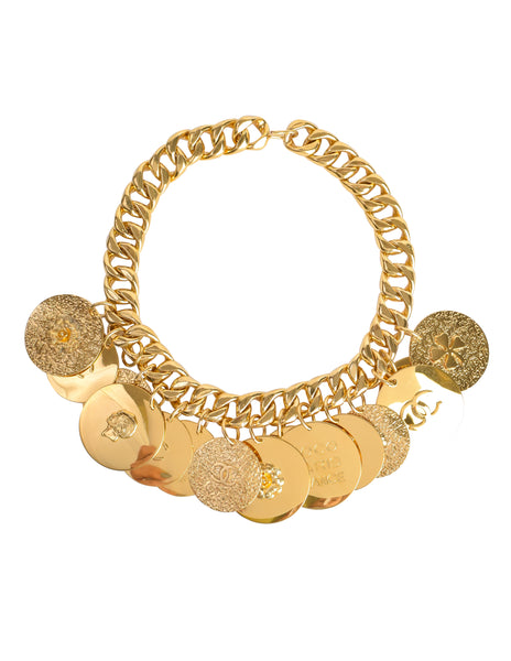 Chanel Vintage Gold Hammered CC Logo Flower Shamrock Cambon Large Multi Medallion Chain Necklace