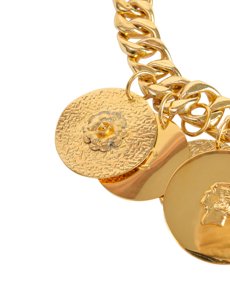 Chanel Vintage Gold Hammered CC Logo Flower Shamrock Cambon Large Multi Medallion Chain Necklace