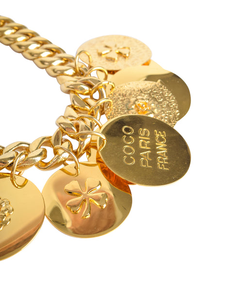 Chanel Vintage Gold Hammered CC Logo Flower Shamrock Cambon Large Multi Medallion Chain Necklace