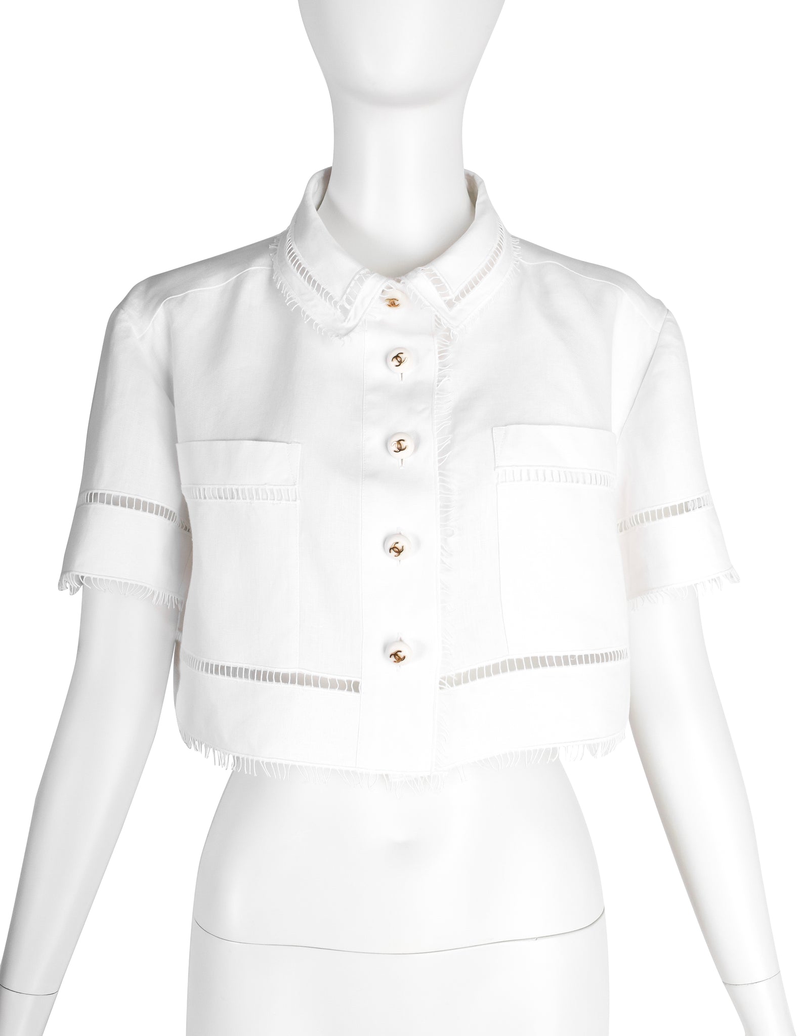 Chanel Vintage SS 1993 Runway White Linen Cropped Collared Button Up Shirt