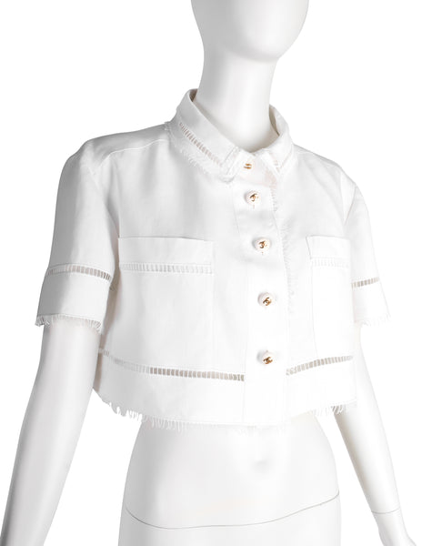 Chanel Vintage SS 1993 Runway White Linen Cropped Collared Button Up Shirt