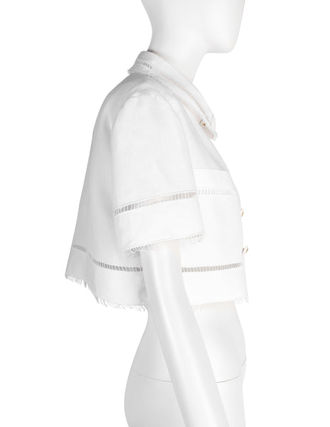 Chanel Vintage SS 1993 Runway White Linen Cropped Collared Button Up Shirt