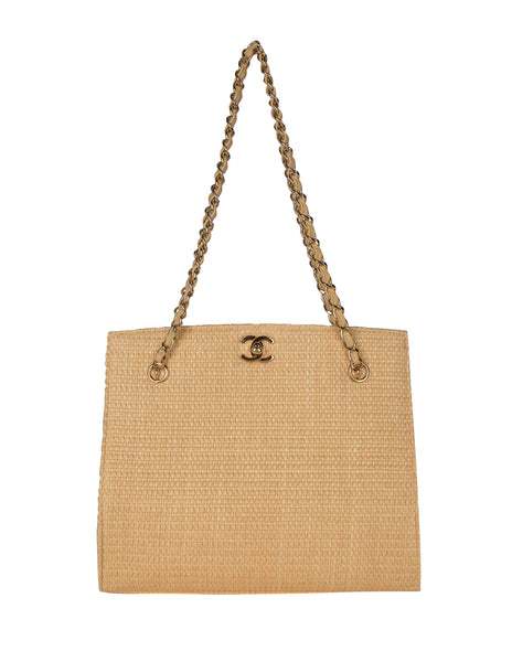 Chanel Vintage 1990s Light Beige Woven Raffia Shoulder Bag