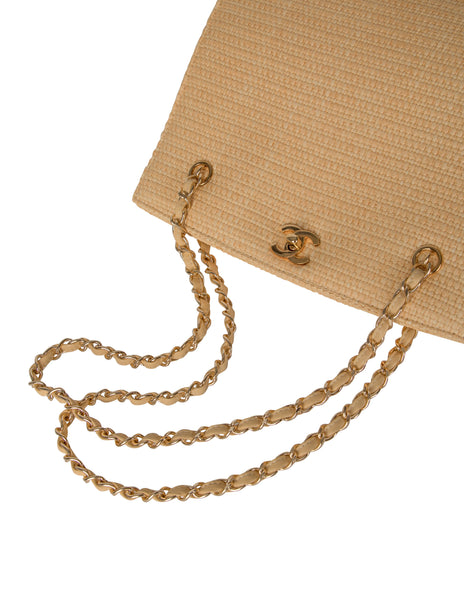 Chanel Vintage 1990s Light Beige Woven Raffia Shoulder Bag