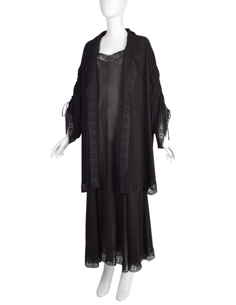 Chloe Vintage SS 1993 by Karl Lagerfeld Black Sheer Lace Trim Dress and Duster Ensemble