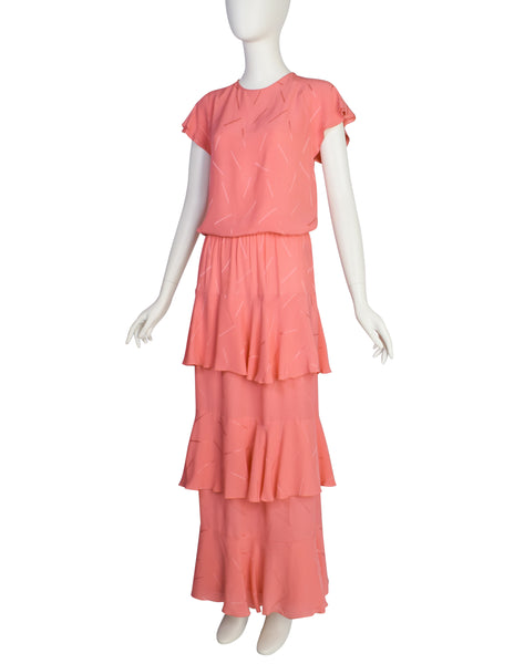 Chloe Vintage SS 1980 Coral Crepe de Chine Silk Jacquard Top and Tiered Skirt Ensemble