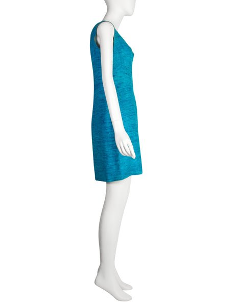 Chloe Vintage SS 1997 by Karl Lagerfeld Turquoise Scalloped Raw Silk Linen Dress & Coat Ensemble Set