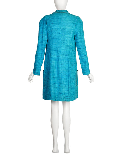 Chloe Vintage SS 1997 by Karl Lagerfeld Turquoise Scalloped Raw Silk Linen Dress & Coat Ensemble Set