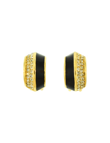 Christian Dior Vintage 1980s Golden Black Enamel Rhinestone Half Hoop Earrings