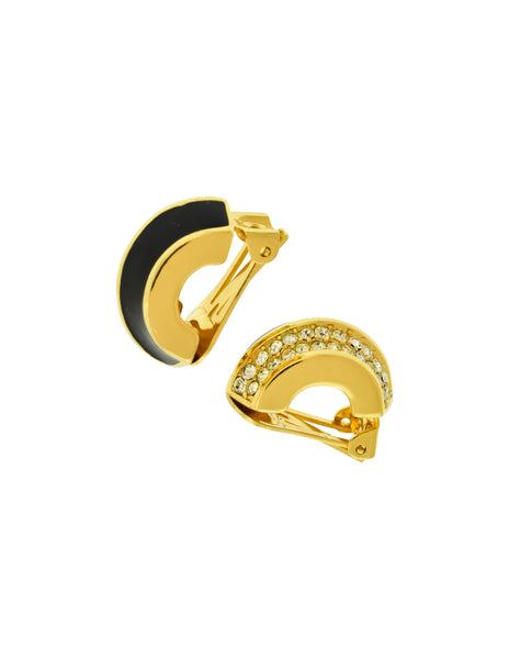 Christian Dior Vintage 1980s Golden Black Enamel Rhinestone Half Hoop Earrings